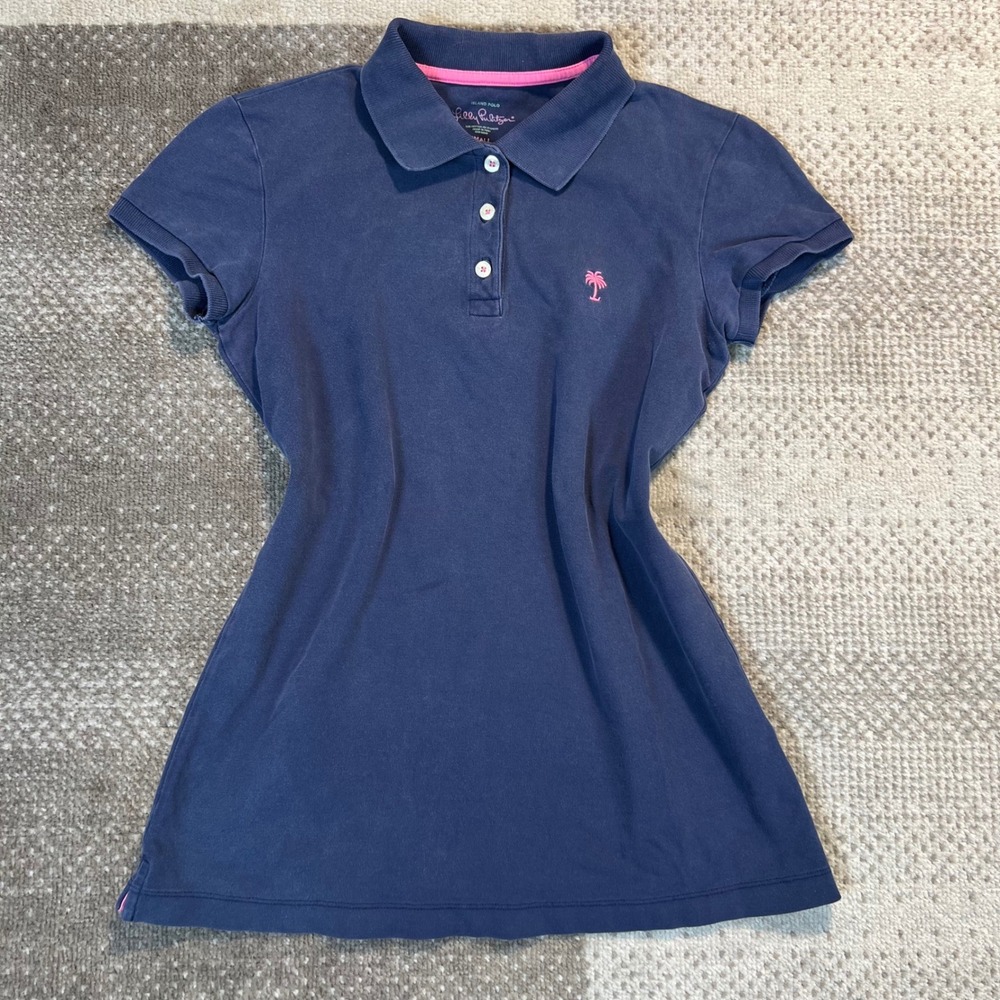 Lilly Pulitzer Island Polo Navy Blue Pink Palm Tree Embroidered Shirt Small